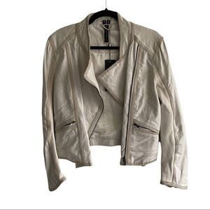 LAMARQUE COLLECTION Leather Linen Asymmetrical Moto Biker Cream Jacket M